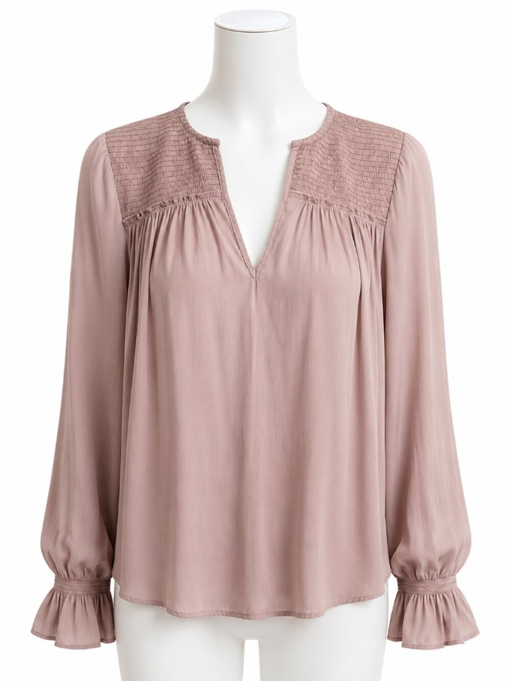 Treasure & Bond Smocked Blush Beige Boho Split Neck Blouse XS